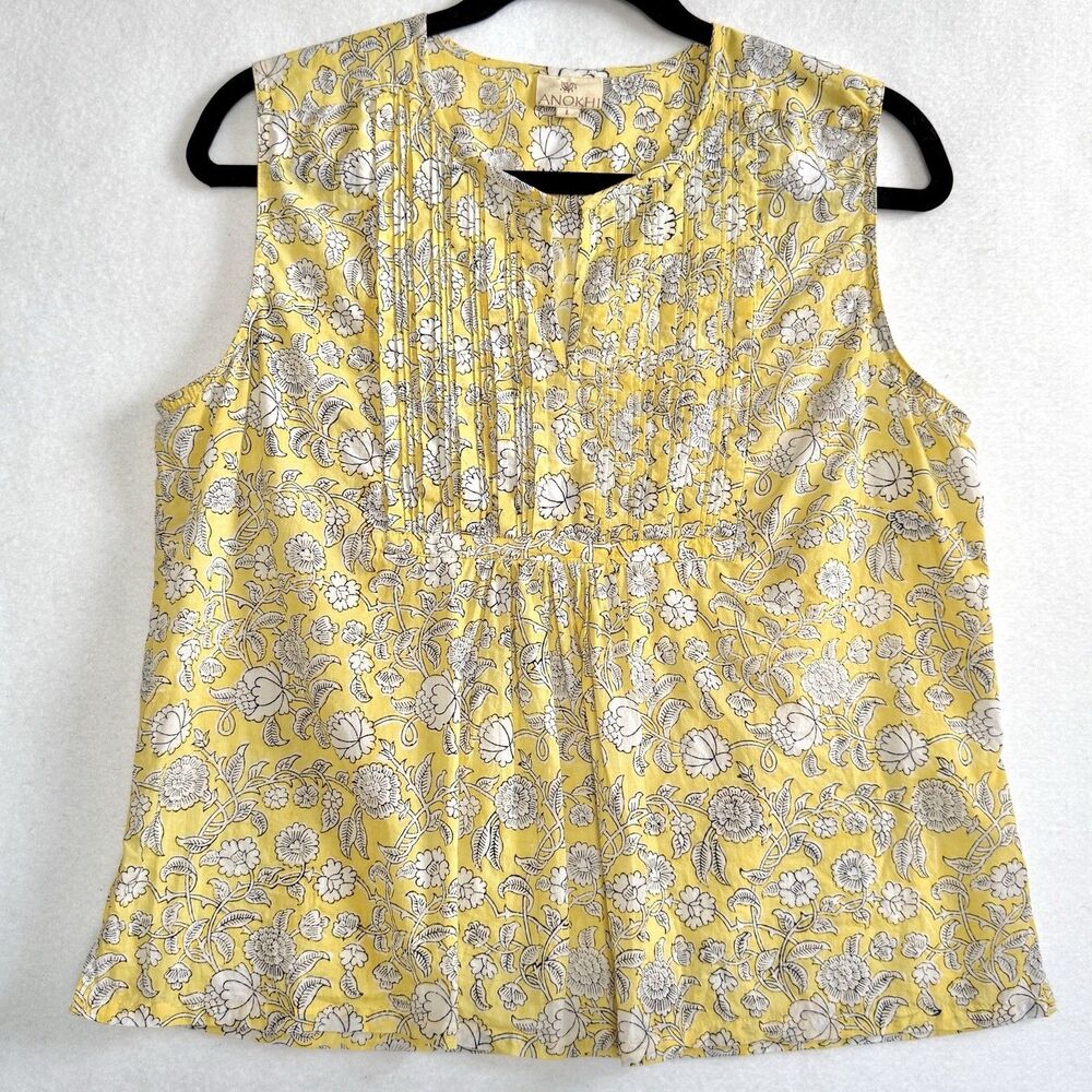 Anokhi Block Print Cotton Top Womens L Yellow Floral Pintuck Sleeveless India
